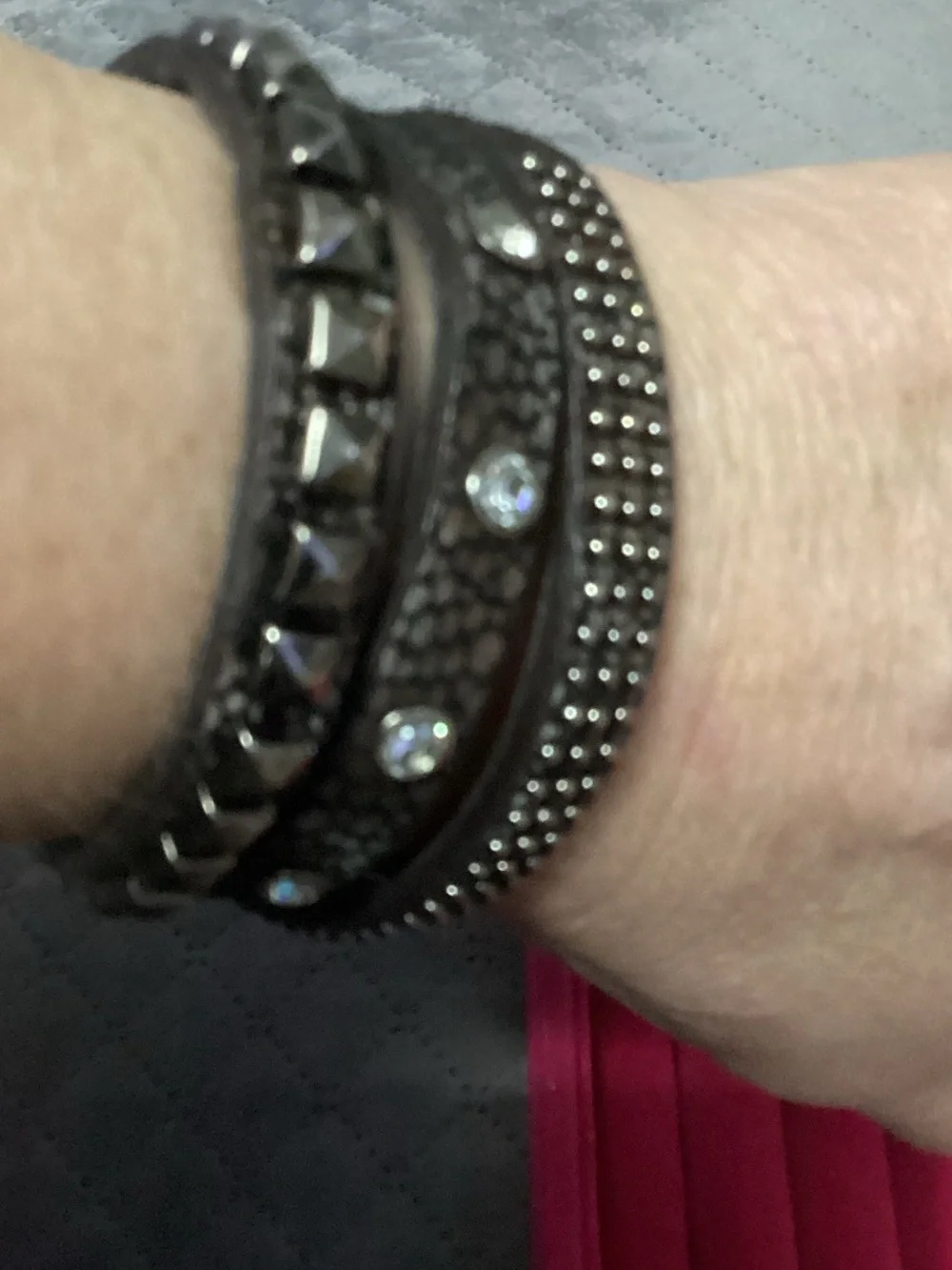 Leather Triple Wrap Bracelet w/Studs & Rhinestones 22”long